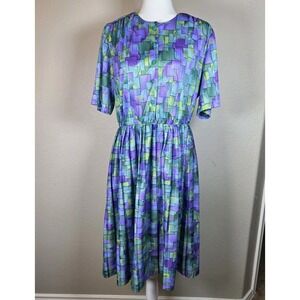 Vintage 80's Anthony Richards 16 L /XL Teal Purple Stain Glass Shirt Waist Dress